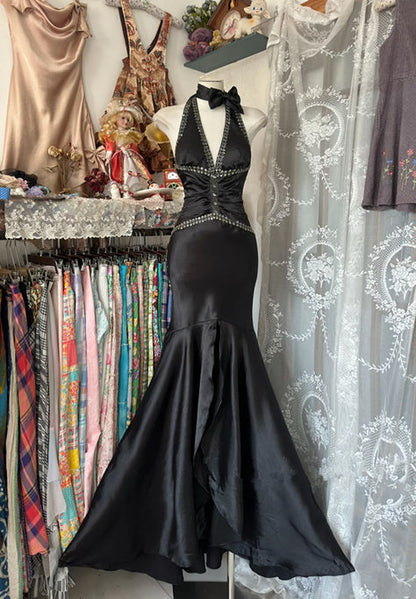 Modest Mermaid Black Halter Satin Beaded Backless Without Sleeves Long Prom Dress,Evening Dress GG5422