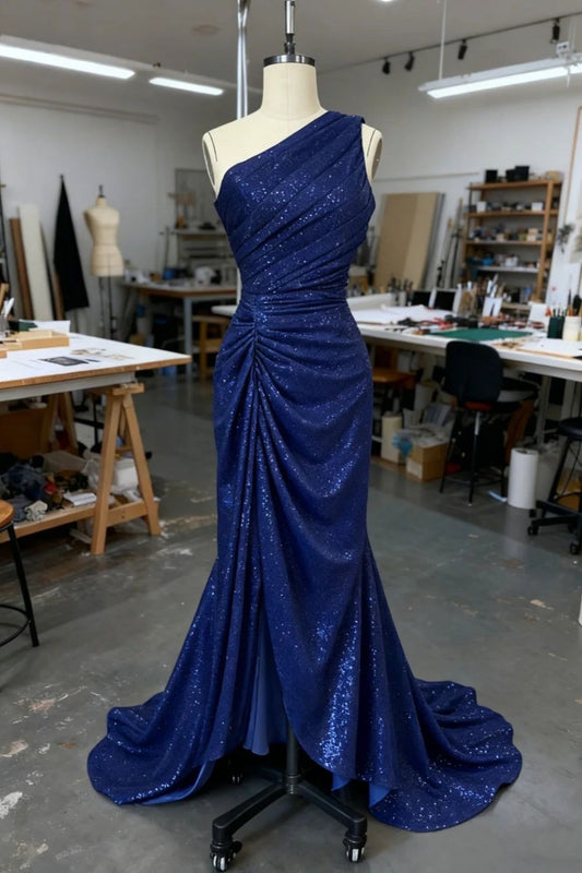 One Shoulder Mermaid Navy Pleated Satin Sequin Without Sleeves Long Prom Dress,Evening Dress GG5430