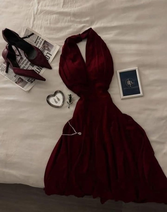 Elegant A Line Halter Burgundy Satin Without Sleeves Long Prom Dress,Evening Dress GG5431