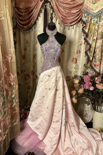 Unique A Line Halter Satin Sequin Beaded Without Sleeves Long Prom Dress,Evening Dress GG5439