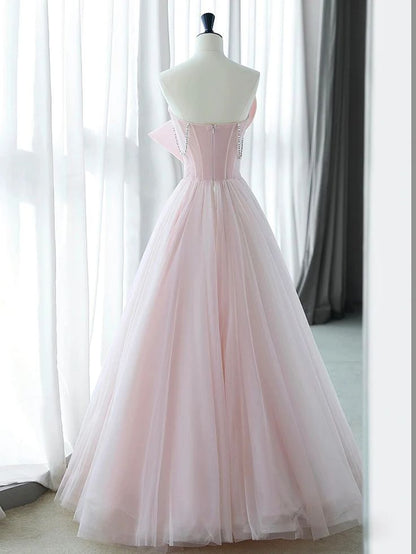 Graceful A Line Strapless Beaded Pink Tulle Bow Long Prom Dress,Evening Dress GG544