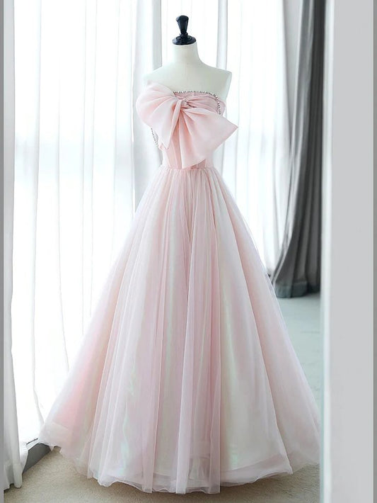Graceful A Line Strapless Beaded Pink Tulle Bow Long Prom Dress,Evening Dress GG544