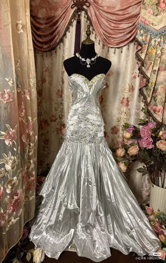 Retro Silver Mermaid Sweetheart Satin Beaded Without Sleeves Long Prom Dress,Evening Dress GG5440