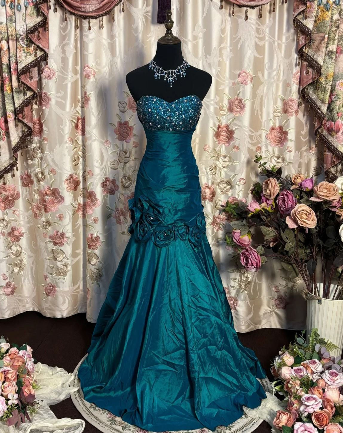Retro Ball Gown Sweetheart Teal Satin Beaded Without Sleeves Long Prom Dress,Evening Dress GG5446