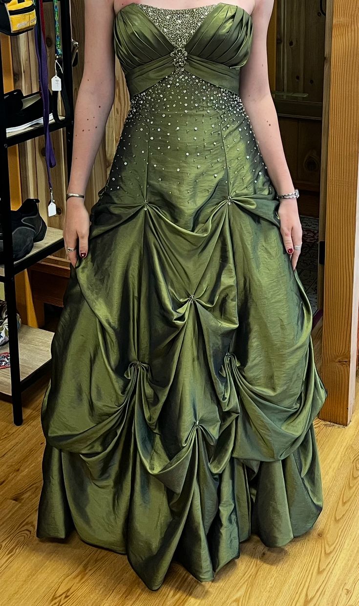 Olive Green Ball Gown Strapless Satin Beaded Without Sleeves Long Prom Dress,Evening Dress GG5452