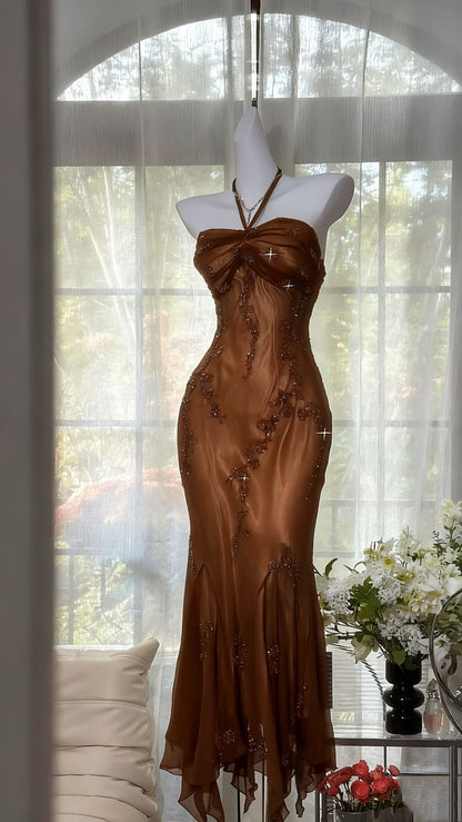 Chic Mermaid Halter Chiffon Beaded Without Sleeves Long Prom Dress,Evening Dress GG5455