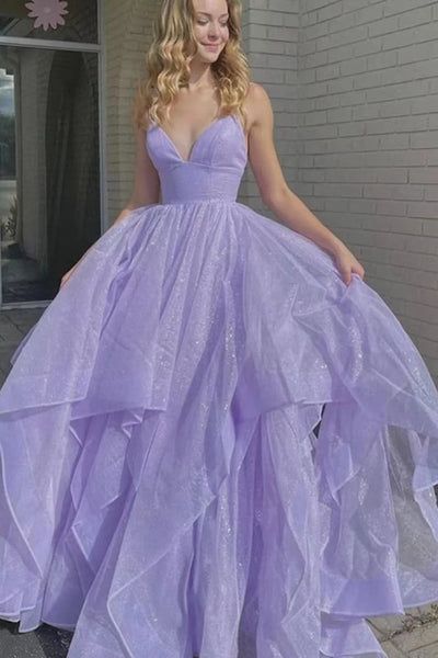 Lilac Shiny Ball Gown Spaghetti Straps Tulle Sequin Without Sleeves Long Prom Dress,Evening Dress GG5457