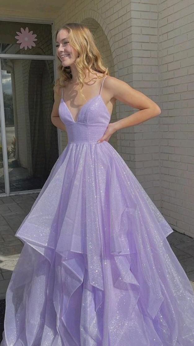 Lilac Shiny Ball Gown Spaghetti Straps Tulle Sequin Without Sleeves Long Prom Dress,Evening Dress GG5457