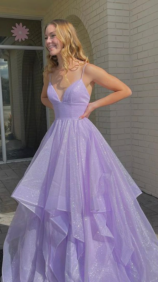 Lilac Shiny Ball Gown Spaghetti Straps Tulle Sequin Without Sleeves Long Prom Dress,Evening Dress GG5457