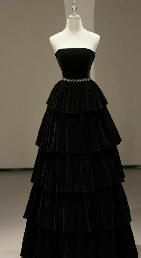 Elegant A Line Black Strapless Tiered Velvet Without Sleeves Long Prom Dress,Evening Dress GG5458