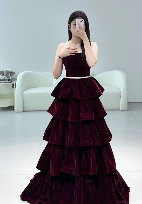 Burgundy Elegant A Line Strapless Tiered Velvet Without Sleeves Long Prom Dress,Evening Dress GG5459