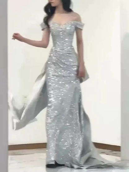 Shiny Mermaid Silver Off The Shoulder Satin Sequin Without Sleeves Long Prom Dress,Evening Dress GG5460