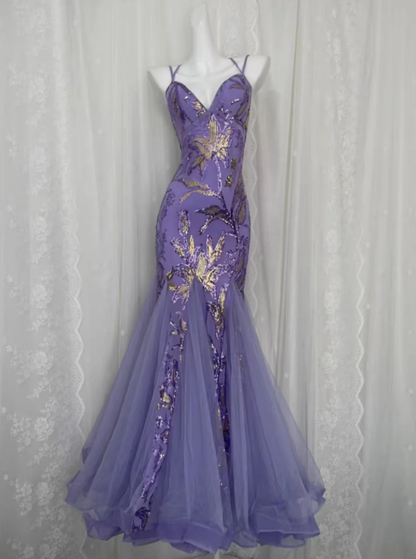 Chic Mermaid Spaghetti Straps Satin Tulle Sequin Without Sleeves Long Prom Dress,Evening Dress GG5461