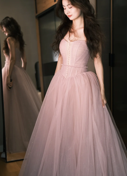 Fairy A Line Strapless Dusty Pink Tulle Without Sleeves Long Prom Dress,Evening Dress GG5462