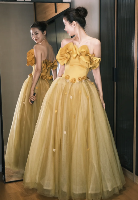 Pretty A Line Strapless Satin Tulle Applique Without Sleeves Long Prom Dress,Evening Dress GG5463