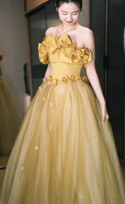 Pretty A Line Strapless Satin Tulle Applique Without Sleeves Long Prom Dress,Evening Dress GG5463