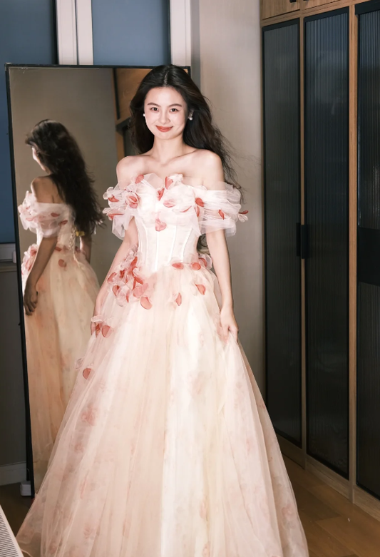 Princess A Line Off The Shoulder Tulle Applique Without Sleeves Long Prom Dress,Evening Dress GG5464