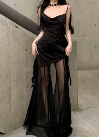 Sexy Mermaid Black Spaghetti Straps Satin Tulle Without Sleeves Long Prom Dress,Evening Dress GG5472