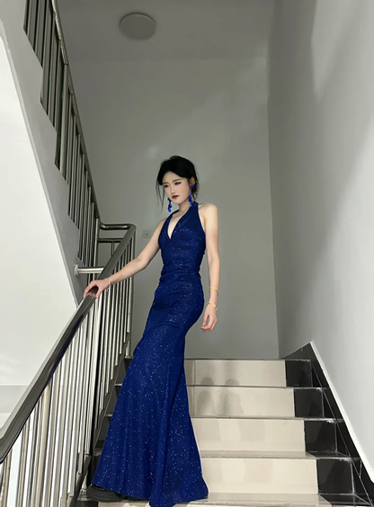 Shiny Mermaid Halter Satin Sequin Without Sleeves Long Prom Dress,Evening Dress GG5474
