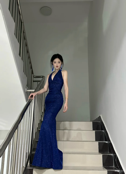 Shiny Mermaid Halter Satin Sequin Without Sleeves Long Prom Dress,Evening Dress GG5474