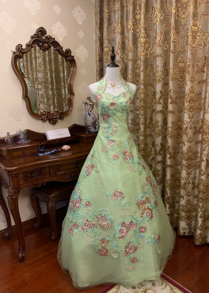 Chic Ball Gown Halter Satin Tulle Sequin Without Sleeves Long Prom Dress,Evening Dress GG5475