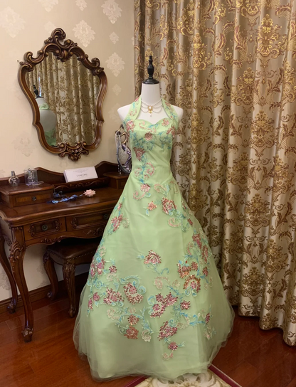 Chic Ball Gown Halter Satin Tulle Sequin Without Sleeves Long Prom Dress,Evening Dress GG5475