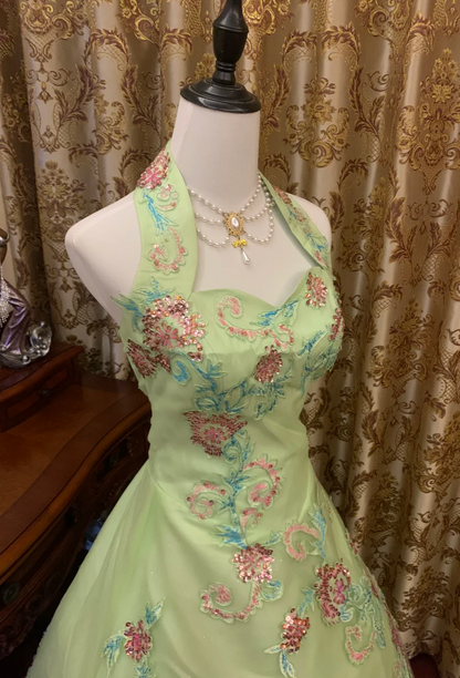 Chic Ball Gown Halter Satin Tulle Sequin Without Sleeves Long Prom Dress,Evening Dress GG5475