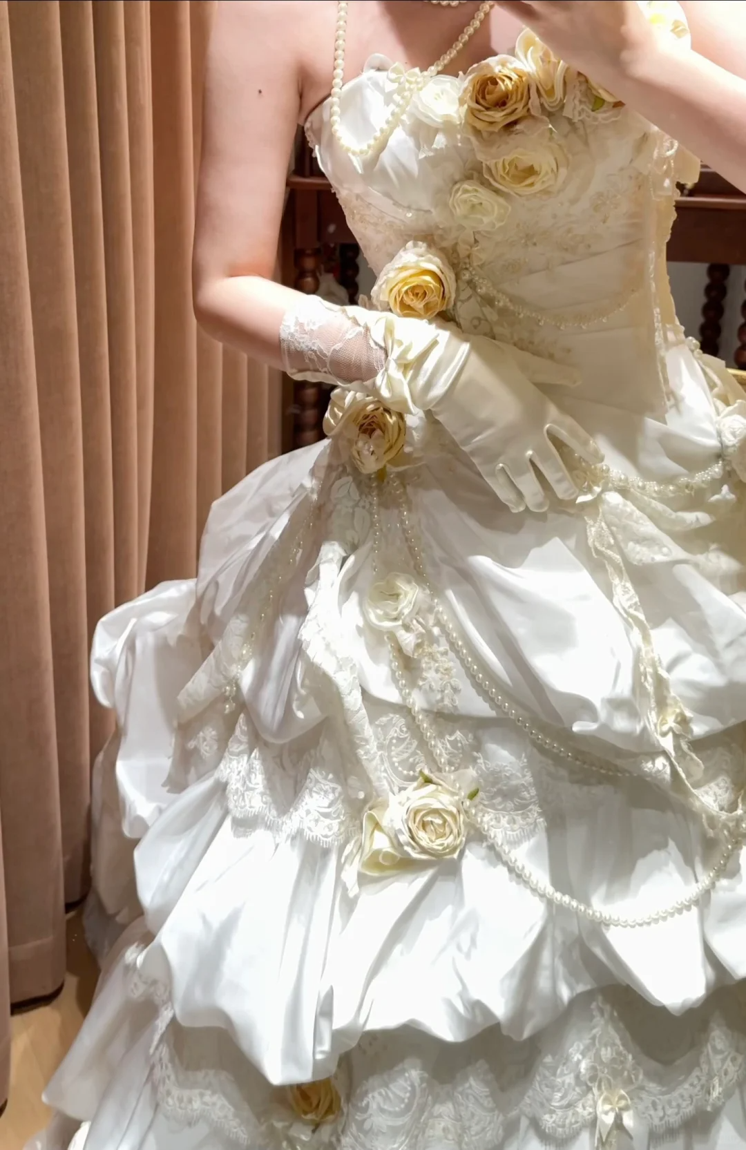 Vintage Ball Gown Strapless Satin Lace Floral Without Sleeves Long Prom Dress,Evening Dress GG5476