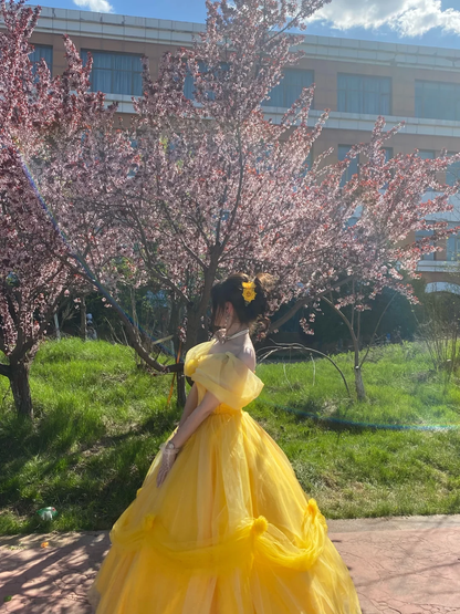 Princess Yellow Ball Gown Off The Shoulder Tulle Without Sleeves Long Prom Dress,Evening Dress GG5477