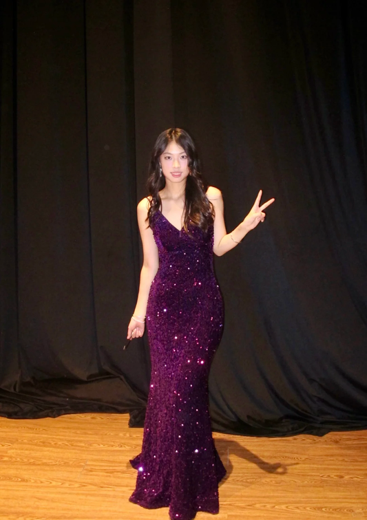 Charming Shiny Grape Mermaid V Neck Sequin Without Sleeves Long Prom Dress,Evening Dress GG5478