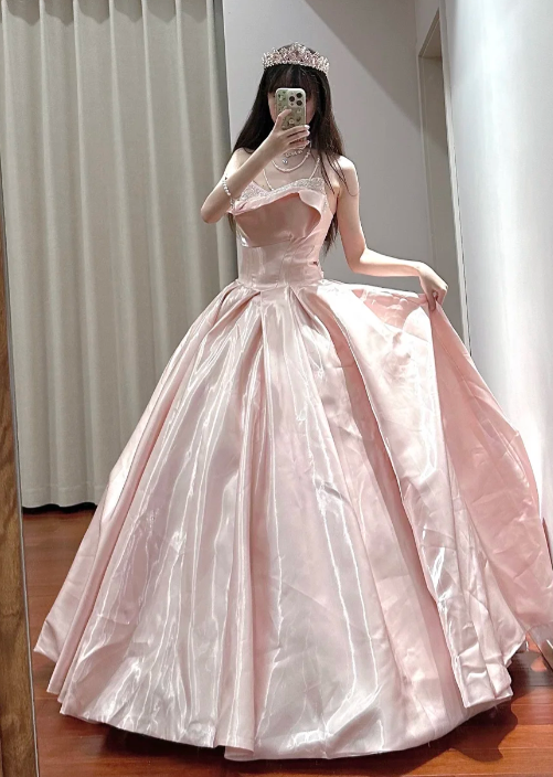 Pretty Pink Ball Gown Strapless Satin Sequin Without Sleeves Long Prom Dress,Evening Dress GG5482