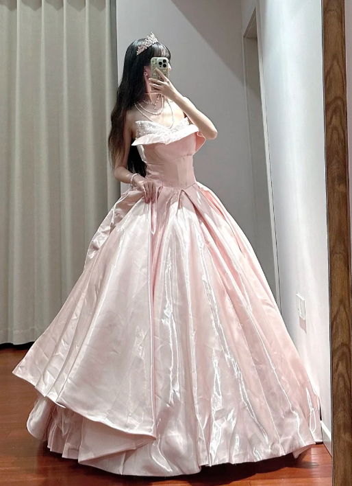 Pretty Pink Ball Gown Strapless Satin Sequin Without Sleeves Long Prom Dress,Evening Dress GG5482