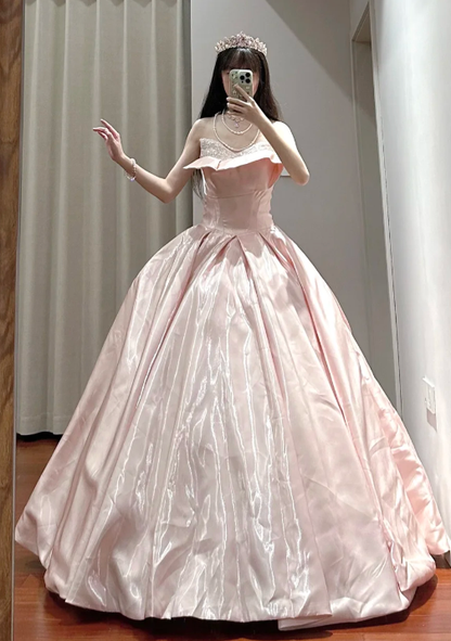 Pretty Pink Ball Gown Strapless Satin Sequin Without Sleeves Long Prom Dress,Evening Dress GG5482