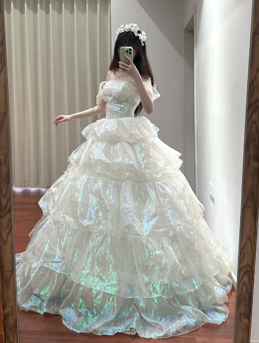 Unique Ball Gown Off The Shoulder Tiered Chiffon Without Sleeves Long Prom Dress,Evening Dress GG5483