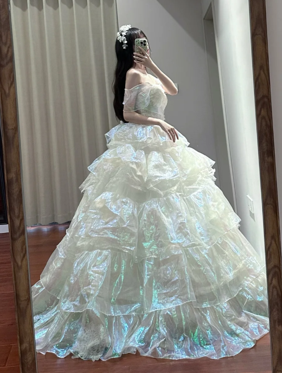 Unique Ball Gown Off The Shoulder Tiered Chiffon Without Sleeves Long Prom Dress,Evening Dress GG5483