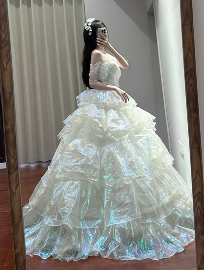 Unique Ball Gown Off The Shoulder Tiered Chiffon Without Sleeves Long Prom Dress,Evening Dress GG5483