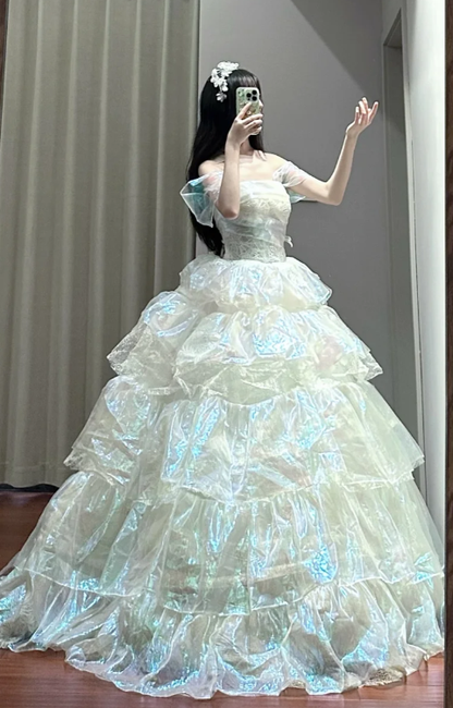 Unique Ball Gown Off The Shoulder Tiered Chiffon Without Sleeves Long Prom Dress,Evening Dress GG5483