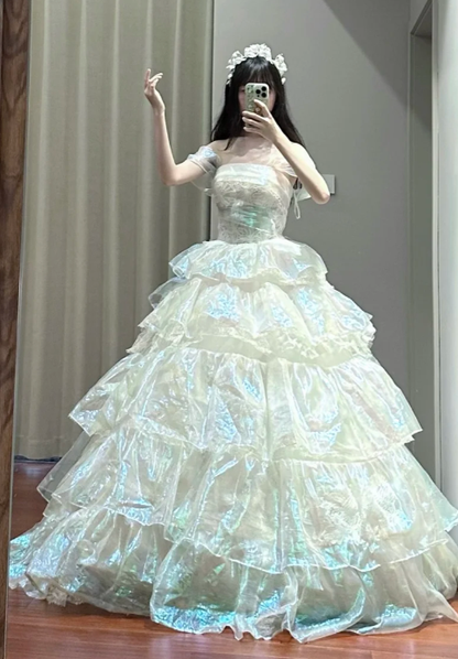 Unique Ball Gown Off The Shoulder Tiered Chiffon Without Sleeves Long Prom Dress,Evening Dress GG5483