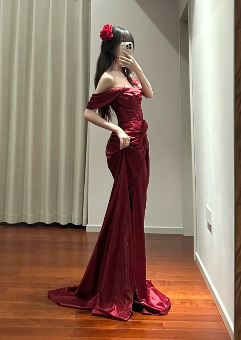 Charming Mermaid Burgundy Off The Shoulder Satin Slit Without Sleeves Long Prom Dress,Evening Dress GG5485