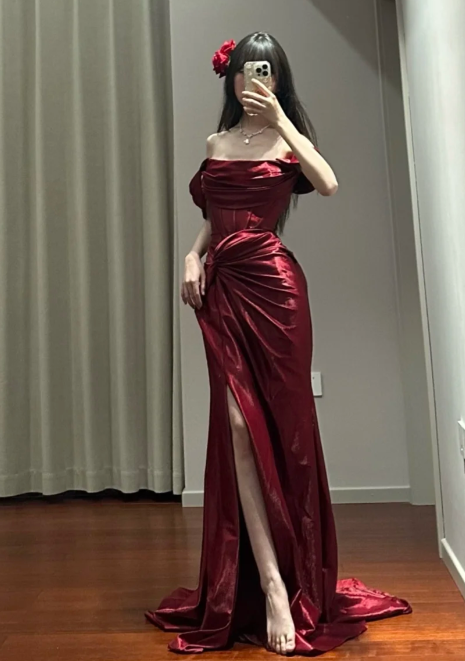 Charming Mermaid Burgundy Off The Shoulder Satin Slit Without Sleeves Long Prom Dress,Evening Dress GG5485