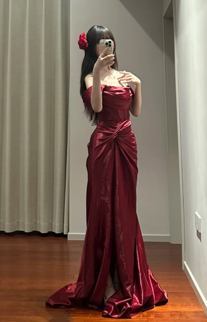 Charming Mermaid Burgundy Off The Shoulder Satin Slit Without Sleeves Long Prom Dress,Evening Dress GG5485