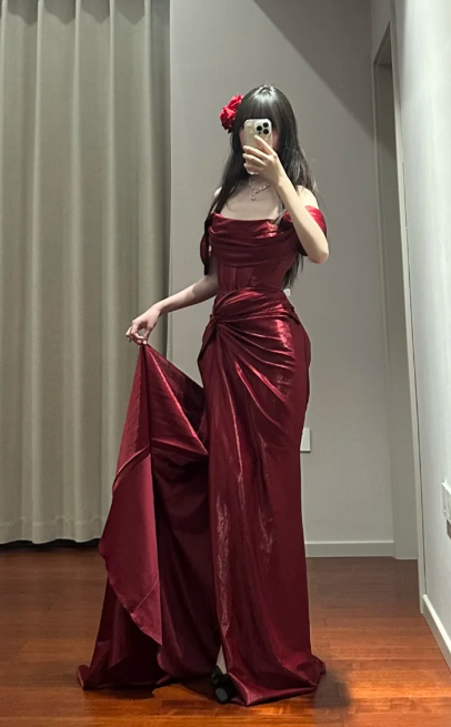 Charming Mermaid Burgundy Off The Shoulder Satin Slit Without Sleeves Long Prom Dress,Evening Dress GG5485