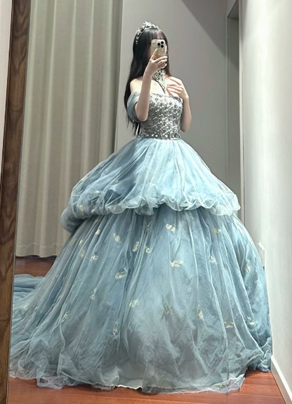 Princess Ball Gown Off The Shoulder Tulle Without Sleeves Long Prom Dress,Evening Dress GG5486