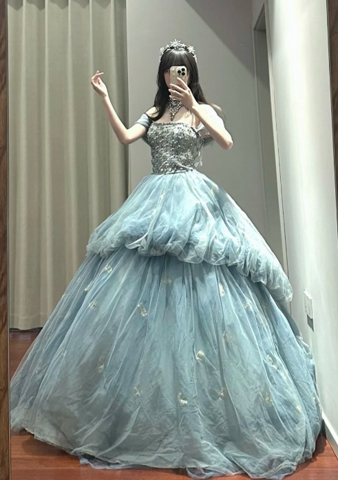 Princess Ball Gown Off The Shoulder Tulle Without Sleeves Long Prom Dress,Evening Dress GG5486