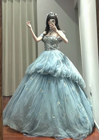 Princess Ball Gown Off The Shoulder Tulle Without Sleeves Long Prom Dress,Evening Dress GG5486