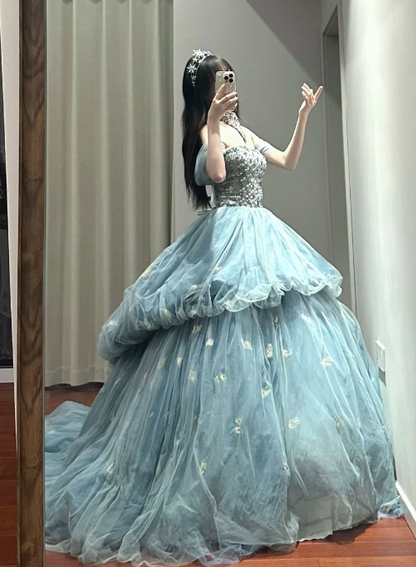 Princess Ball Gown Off The Shoulder Tulle Without Sleeves Long Prom Dress,Evening Dress GG5486