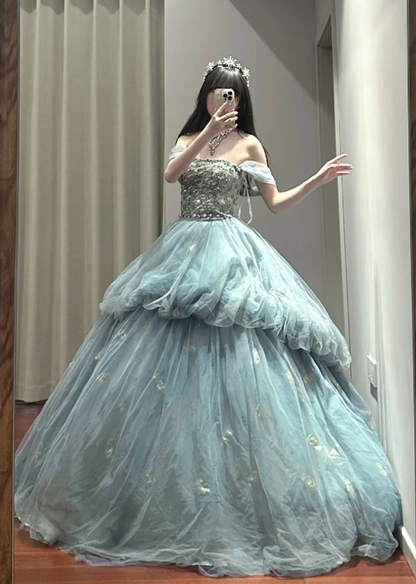 Princess Ball Gown Off The Shoulder Tulle Without Sleeves Long Prom Dress,Evening Dress GG5486