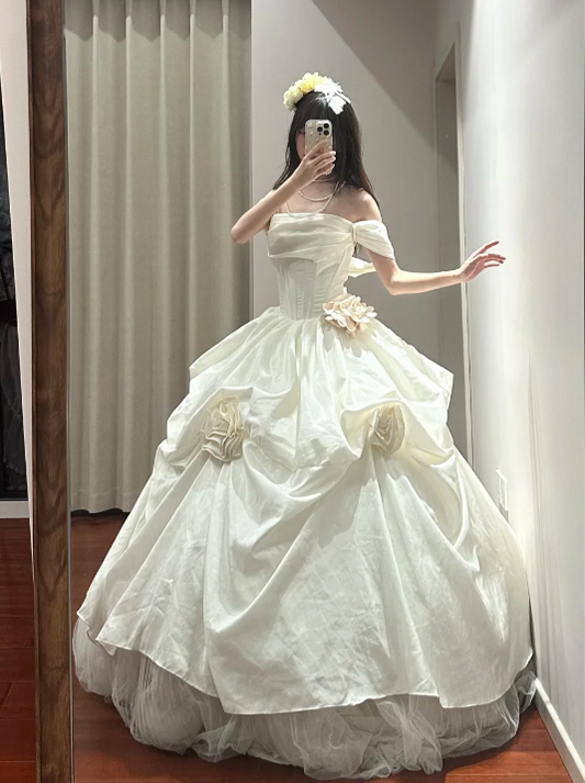 Elegant Ball Gown Off The Shoulder Satin Tulle Without Sleeves Long Prom Dress,Evening Dress GG5487