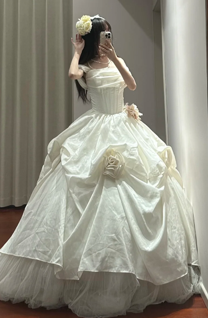 Elegant Ball Gown Off The Shoulder Satin Tulle Without Sleeves Long Prom Dress,Evening Dress GG5487