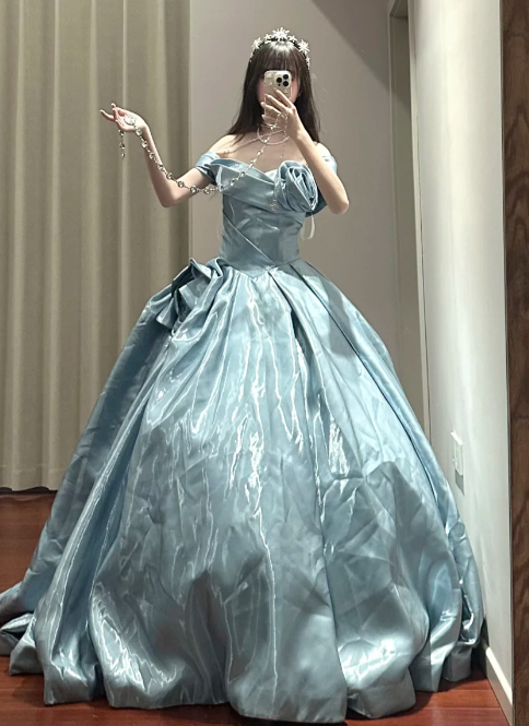 Pretty Ball Gown Off The Shoulder Satin Without Sleeves Long Prom Dress,Evening Dress GG5488